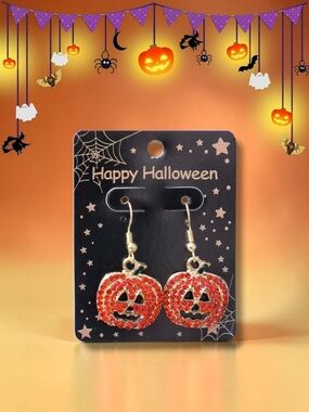 Halloween Jack-O'-Lantern Gold & Crystal Earrings